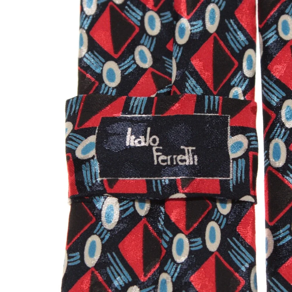 Italo Ferretti NWT Neck Tie in Red / Blue / Black Geometric Print 100% Silk